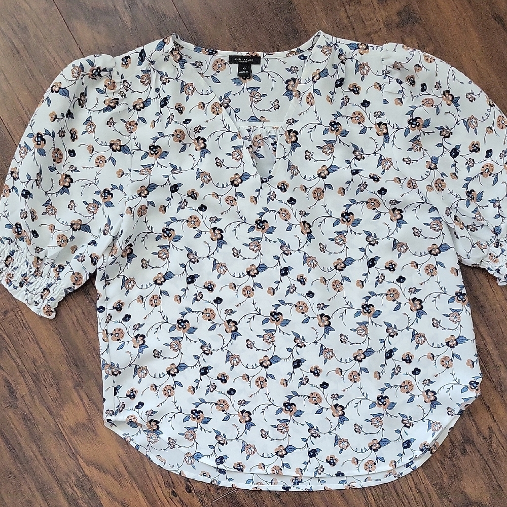 Ann Taylor Floral Blouse - Blue and Cream